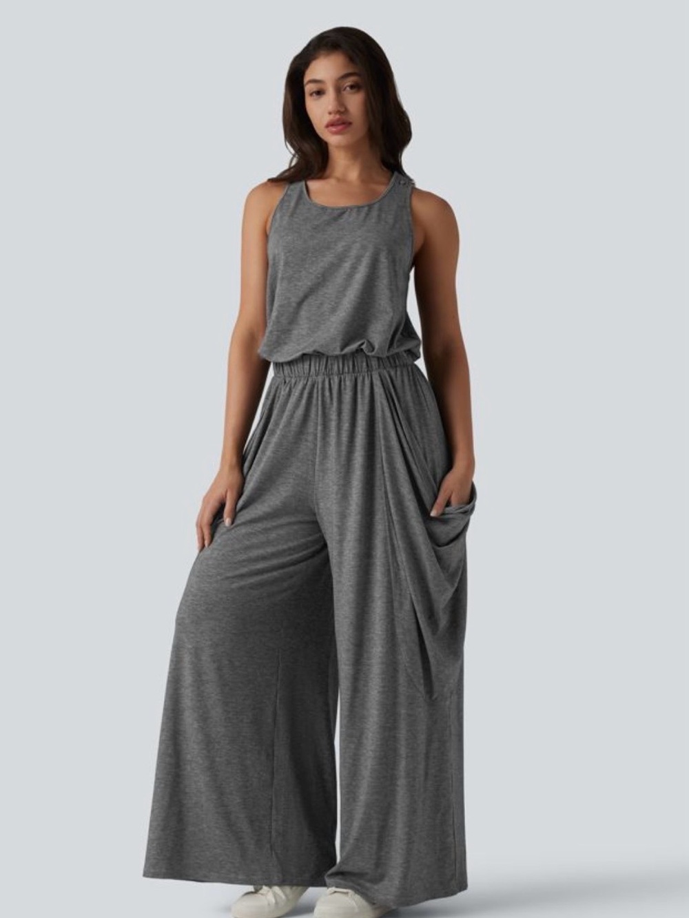 Wide-Leg Grey Jumpsuit with Elastic Waist